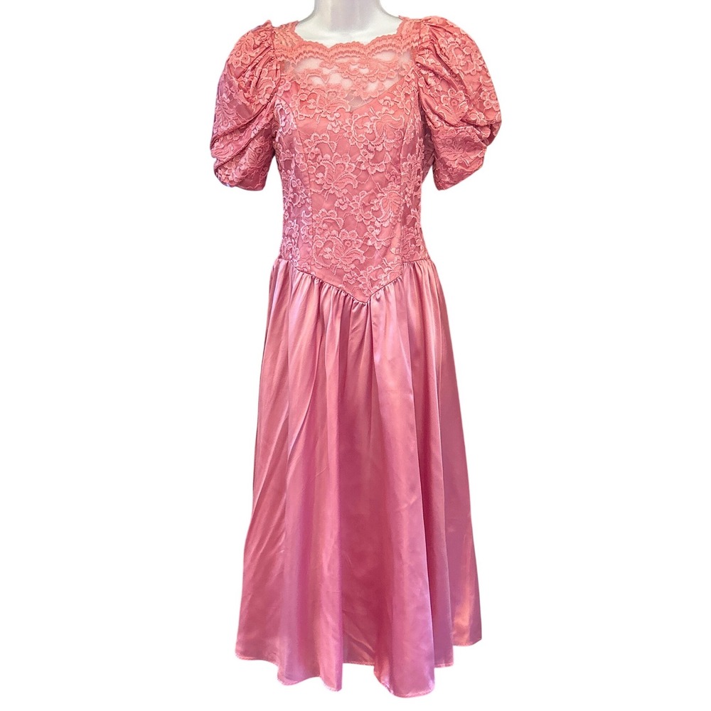 Vintage 80s Pink Lace Satin Prom Dress Barbiecore Coquette Romantic Maximalist